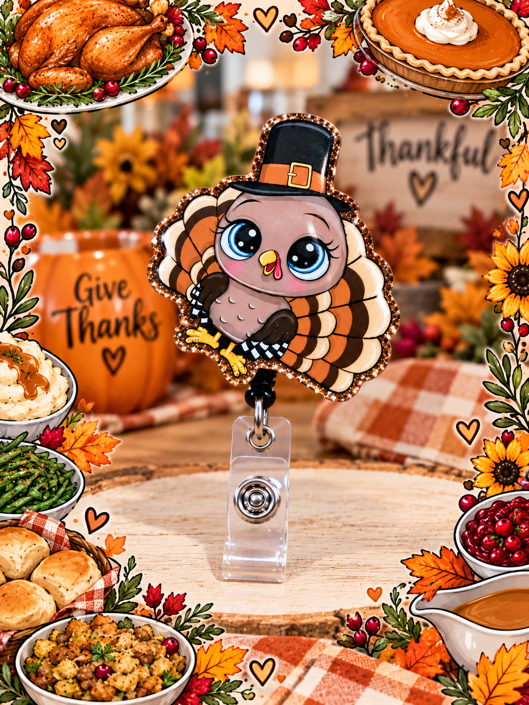 Turkey badge reel with clear snap strap displayed with autumn pumpkins