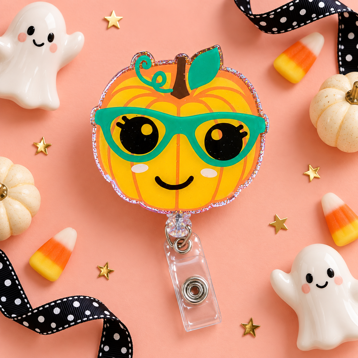 Glittery Pumpkin with Teal Glasses Badge Reel