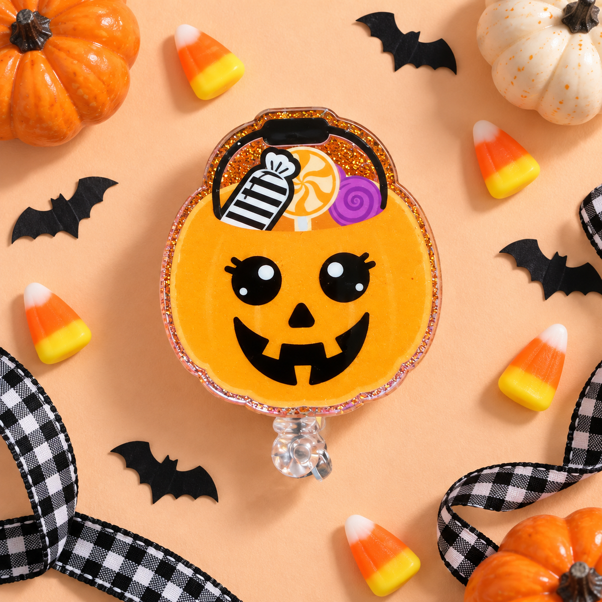 Halloween Pumpkin Candy Bucket Badge Reel