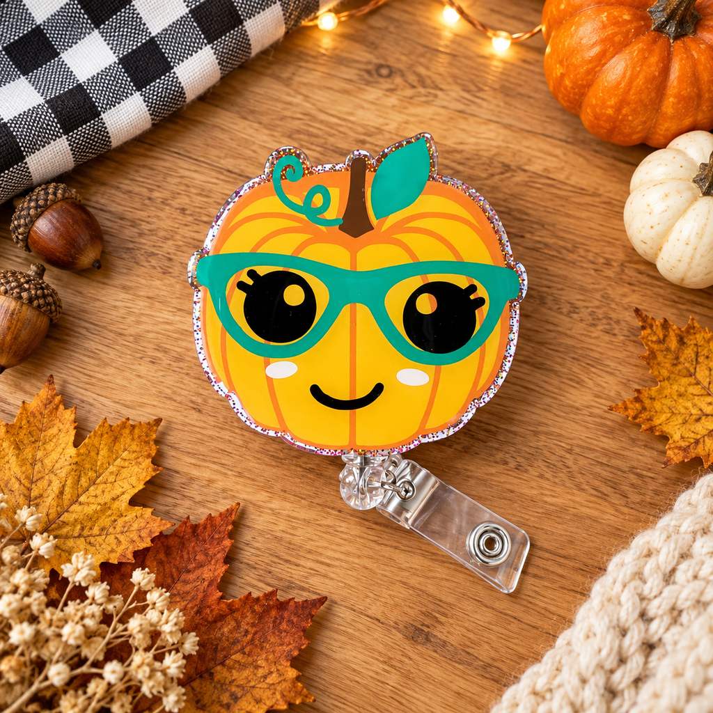Glittery Pumpkin with Teal Glasses Badge Reel
