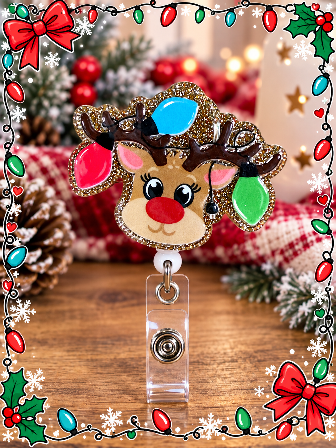 Christmas reindeer badge reel displayed with holiday nursing accessories