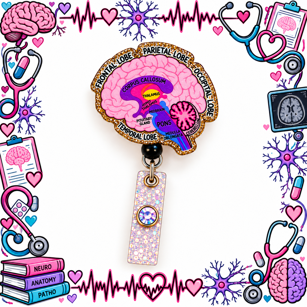 Brain anatomy badge reel with black bead and gem-accented glitter strap