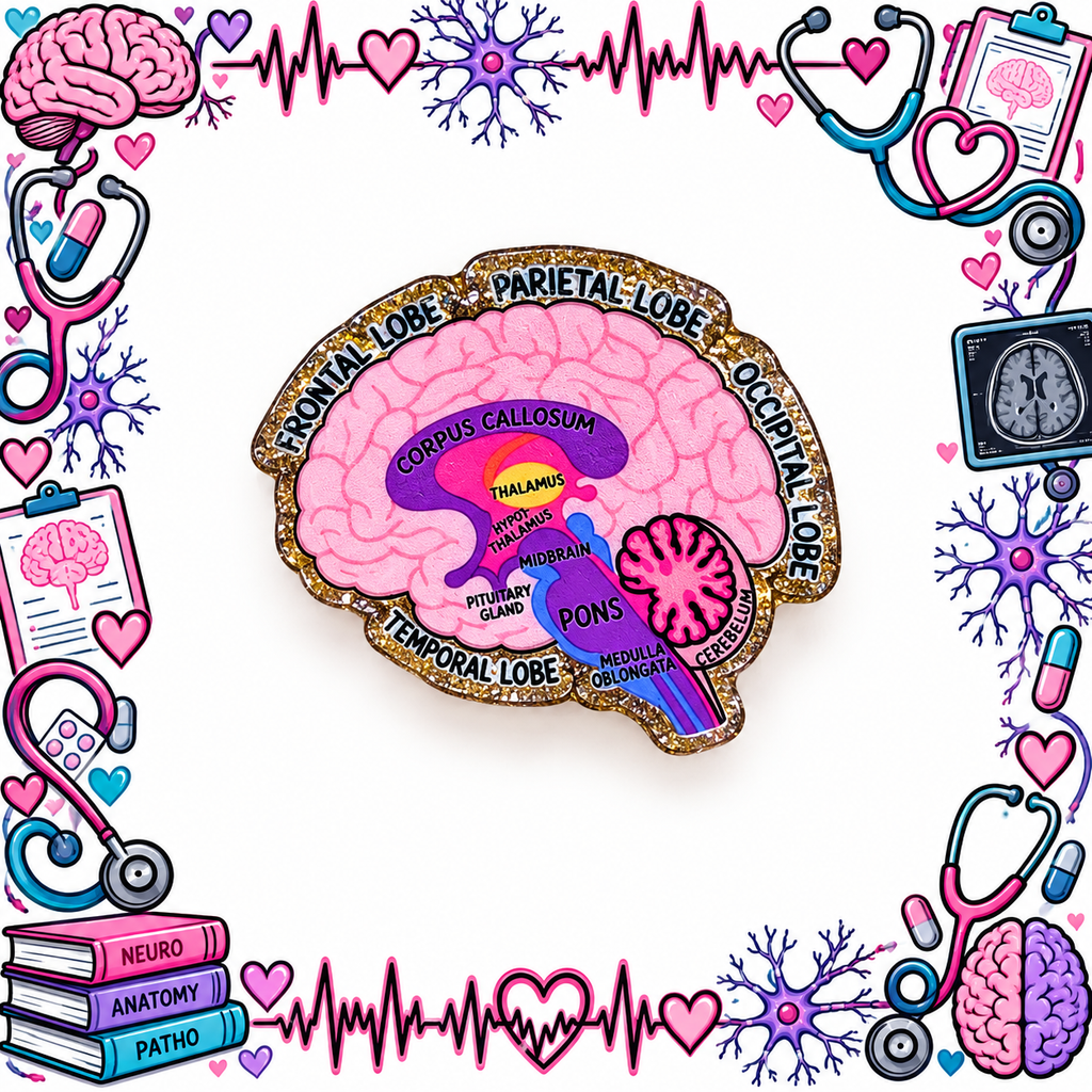Gold glitter edged brain anatomy badge reel in a neuroscience-themed illustrated display