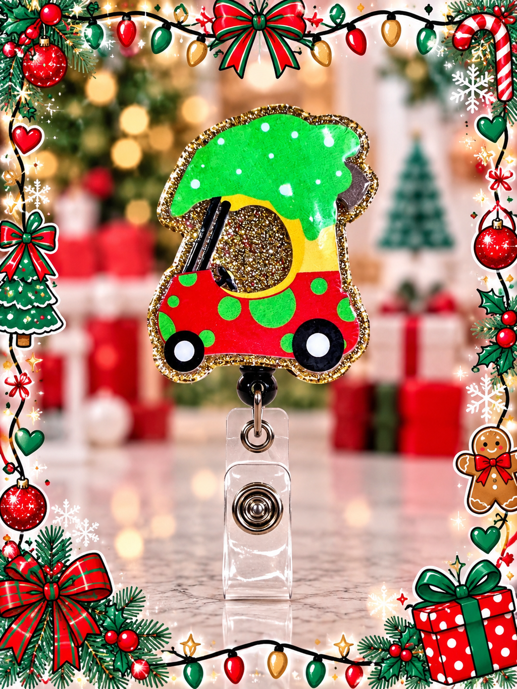 Christmas golf cart badge reel with red body, green polka dots, tree-shaped top, and gold-toned glitter
