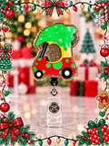 Christmas golf cart badge reel with red body, green polka dots, tree-shaped top, and gold-toned glitter