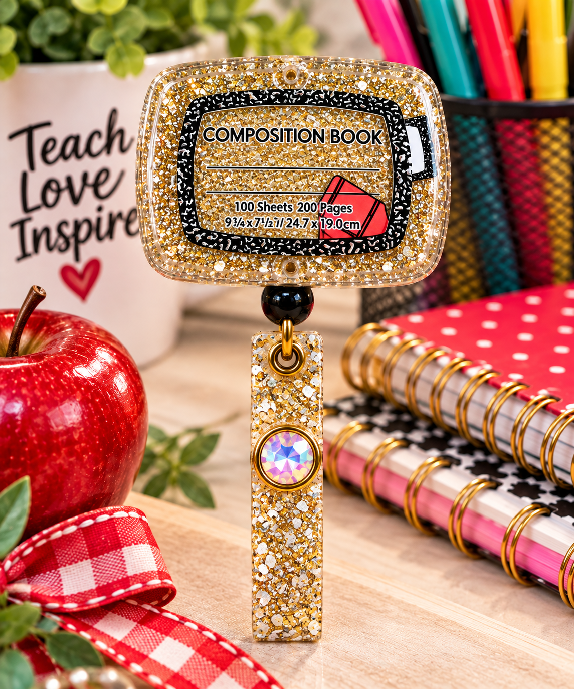 Gold glitter composition book teacher badge reel with black-and-white label frame