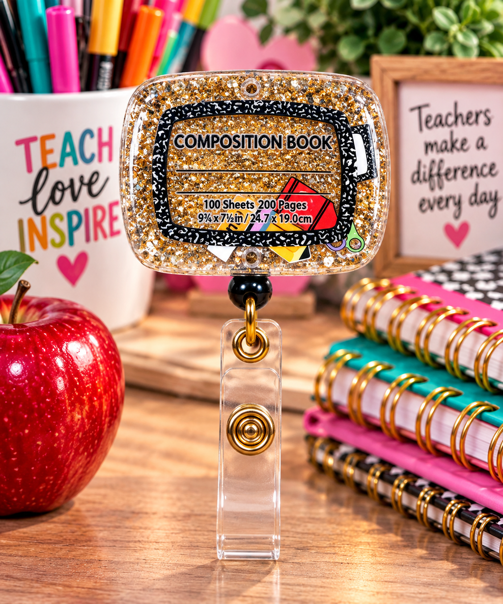 Close-up of composition book artwork and gold glitter badge reel with clear badge strap