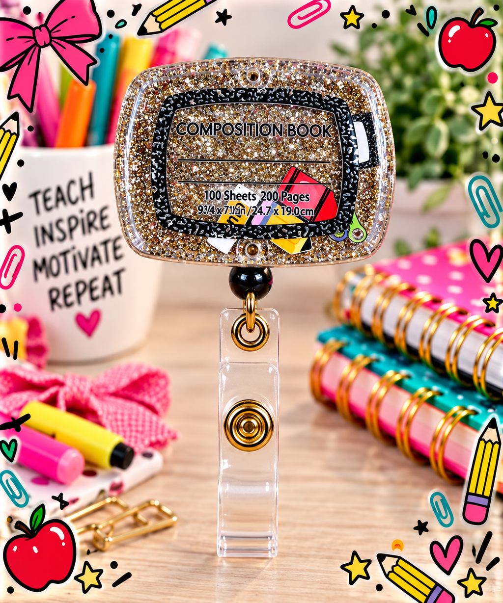 Gold glitter composition book badge reel with black bead accent beside teacher-themed props