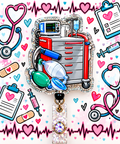 Crash cart shaker badge reel with red and gray drawers, medical equipment artwork, and glitter accents