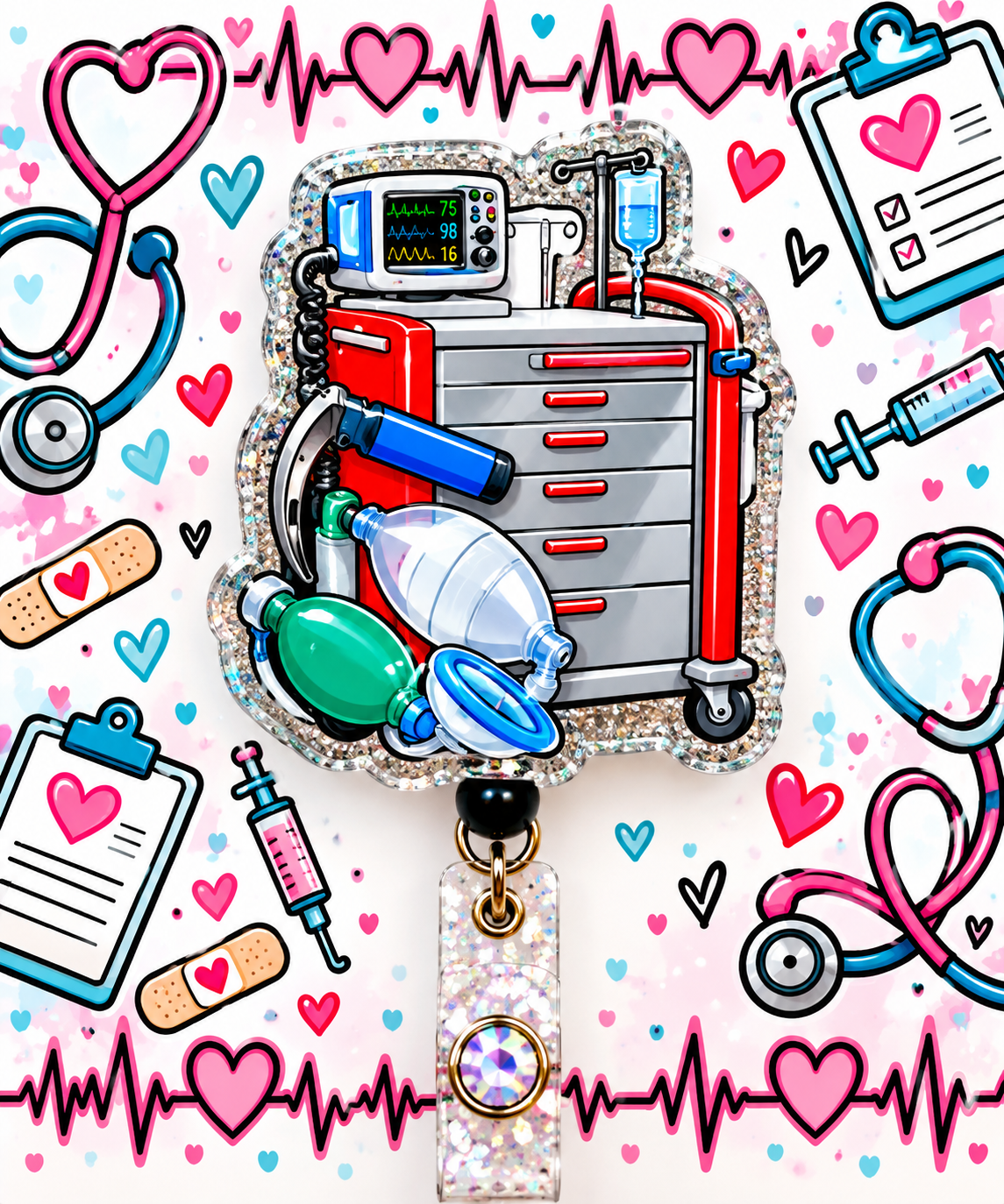 Crash cart shaker badge reel with red and gray drawers, medical equipment artwork, and glitter accents