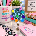 It's OK to Feel All the Feels glitter badge reel surrounded by colorful emoji artwork