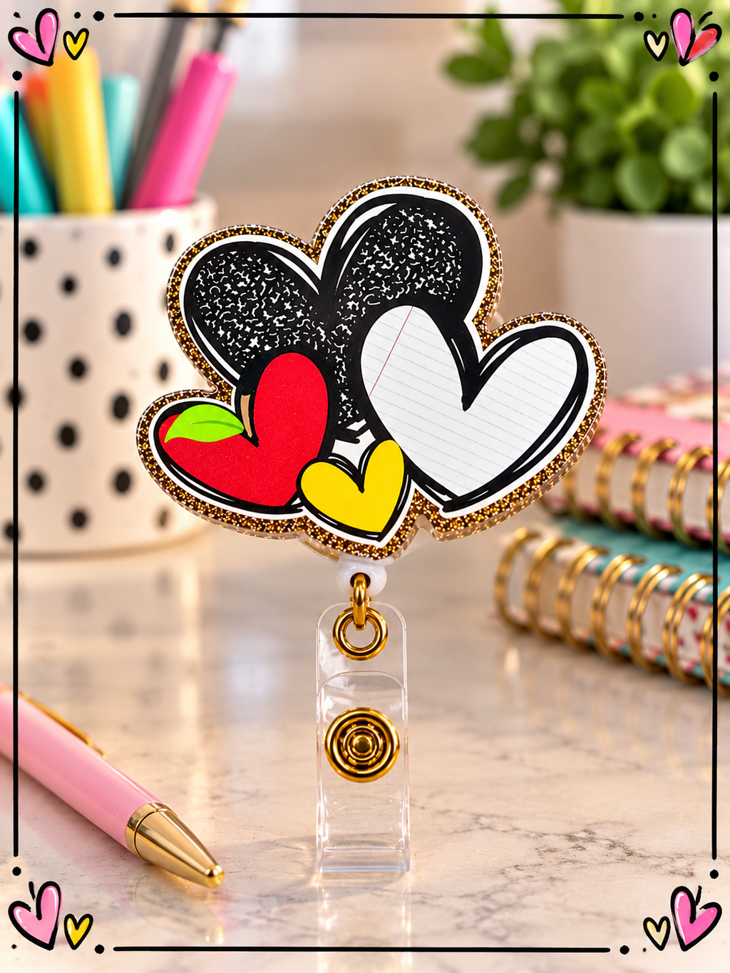 Close-up of teacher heart topper with black composition pattern, lined paper, red apple heart, and yellow heart