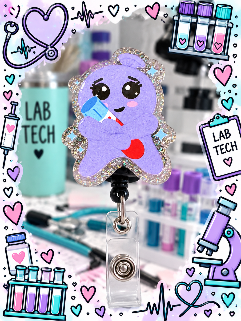 Lavender lab tech character badge reel hugging a blood tube with blue cap and sparkling border