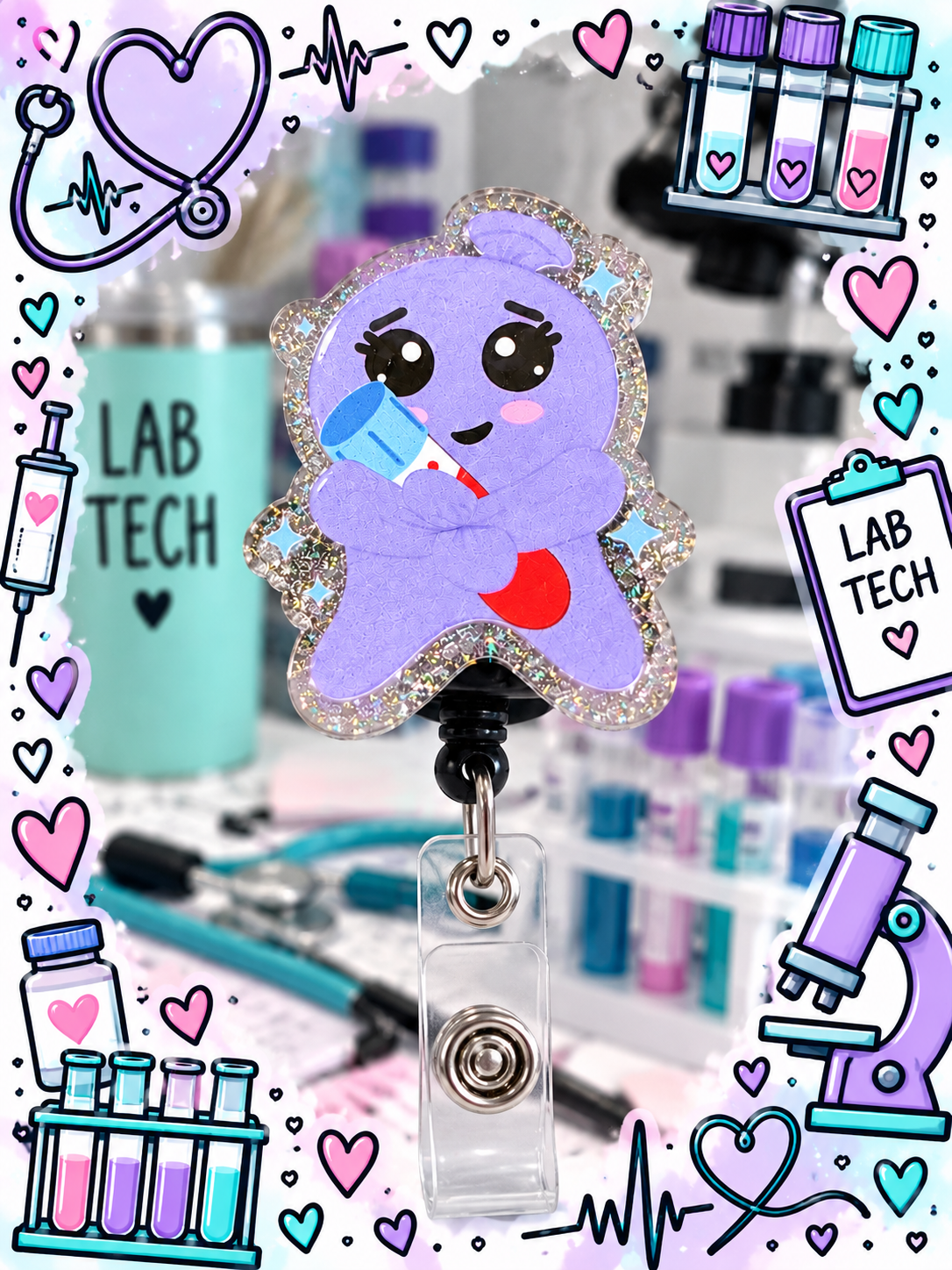 Lavender lab tech character badge reel hugging a blood tube with blue cap and sparkling border
