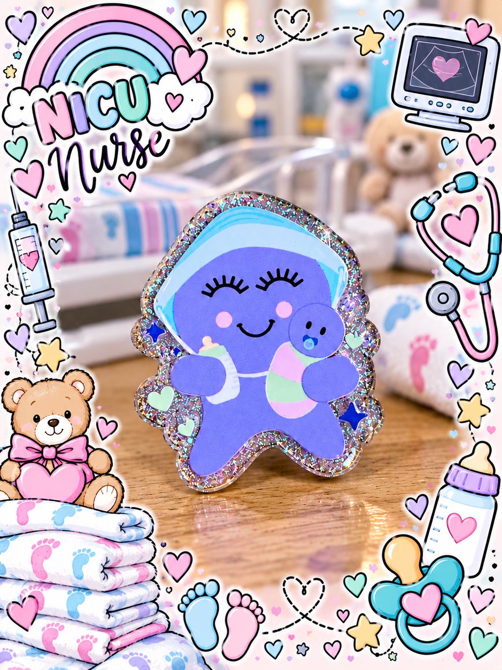 Purple NICU nurse character with blue cap holding a baby and bottle, edged in silver-toned sparkle