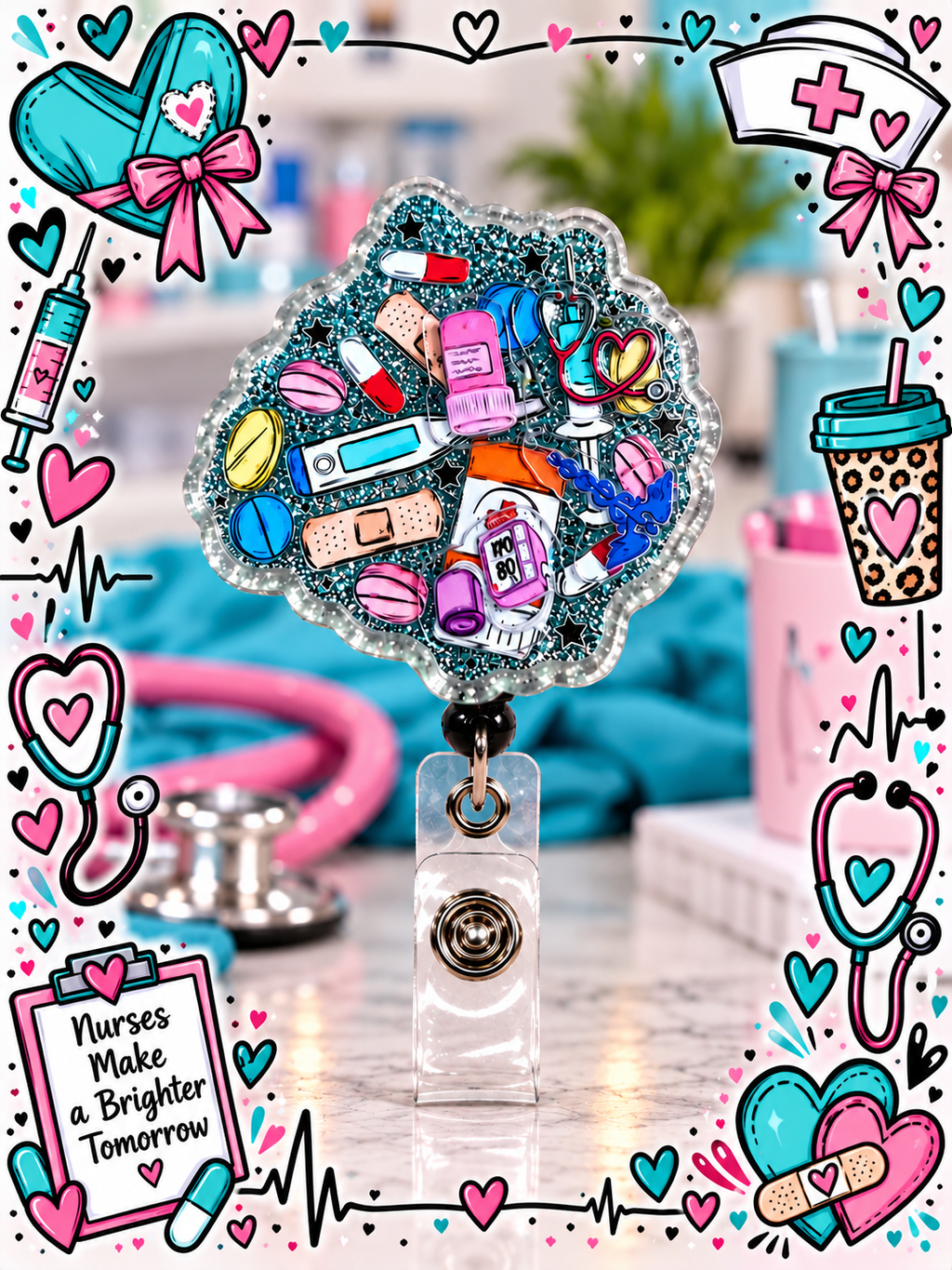 Medical-themed nurse badge reel with clear snap strap displayed beside pink and teal accessories