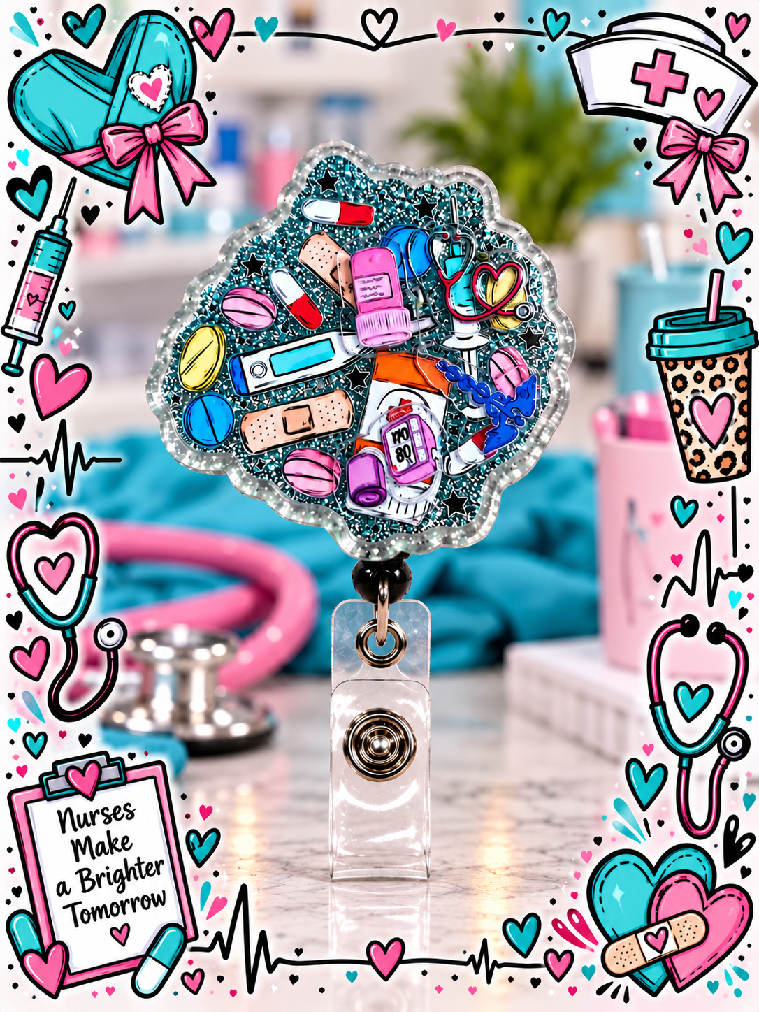 Medical-themed nurse badge reel with clear snap strap displayed beside pink and teal accessories