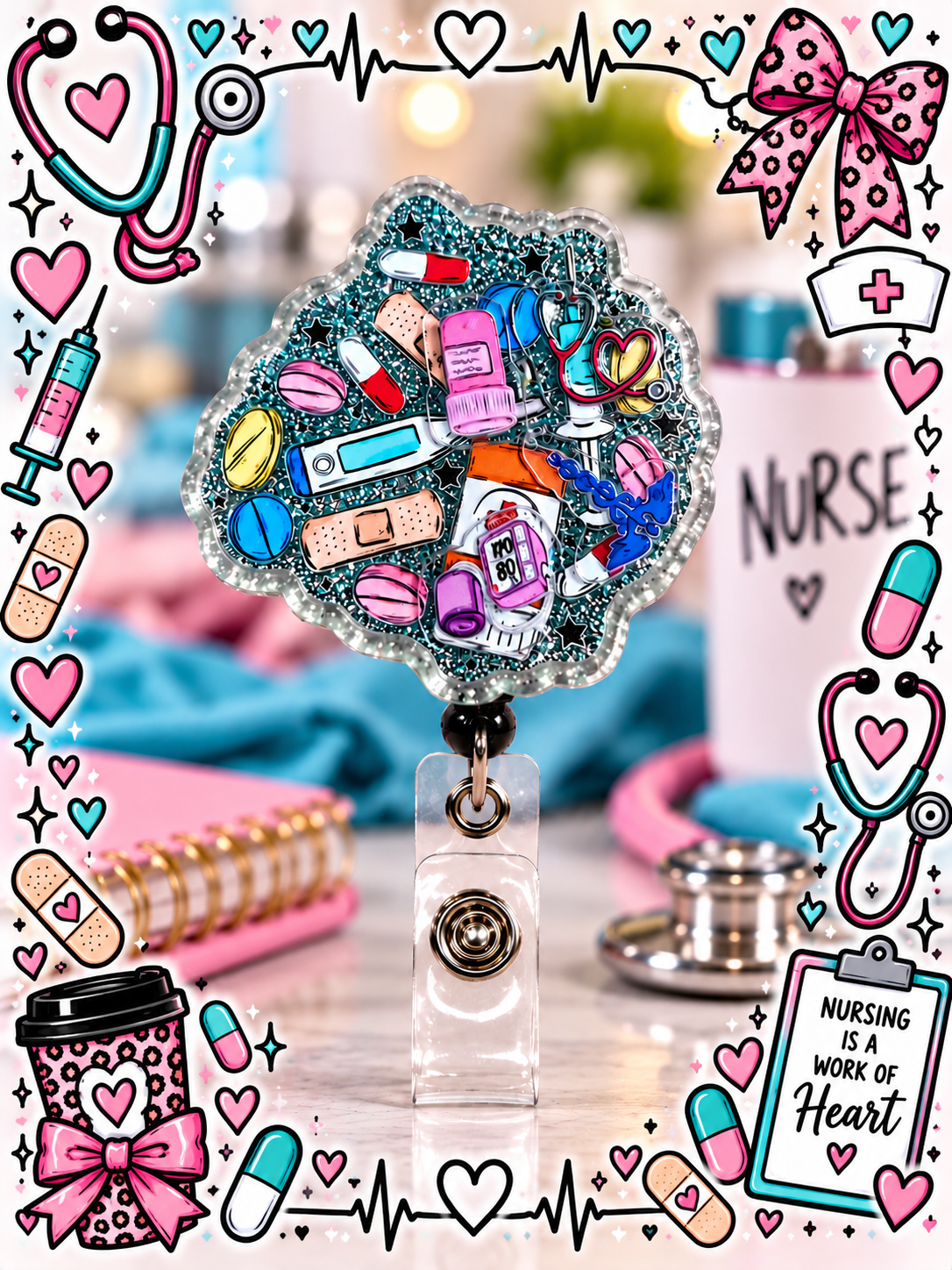Teal nurse badge reel featuring bandage, pill, thermometer, and stethoscope illustrations