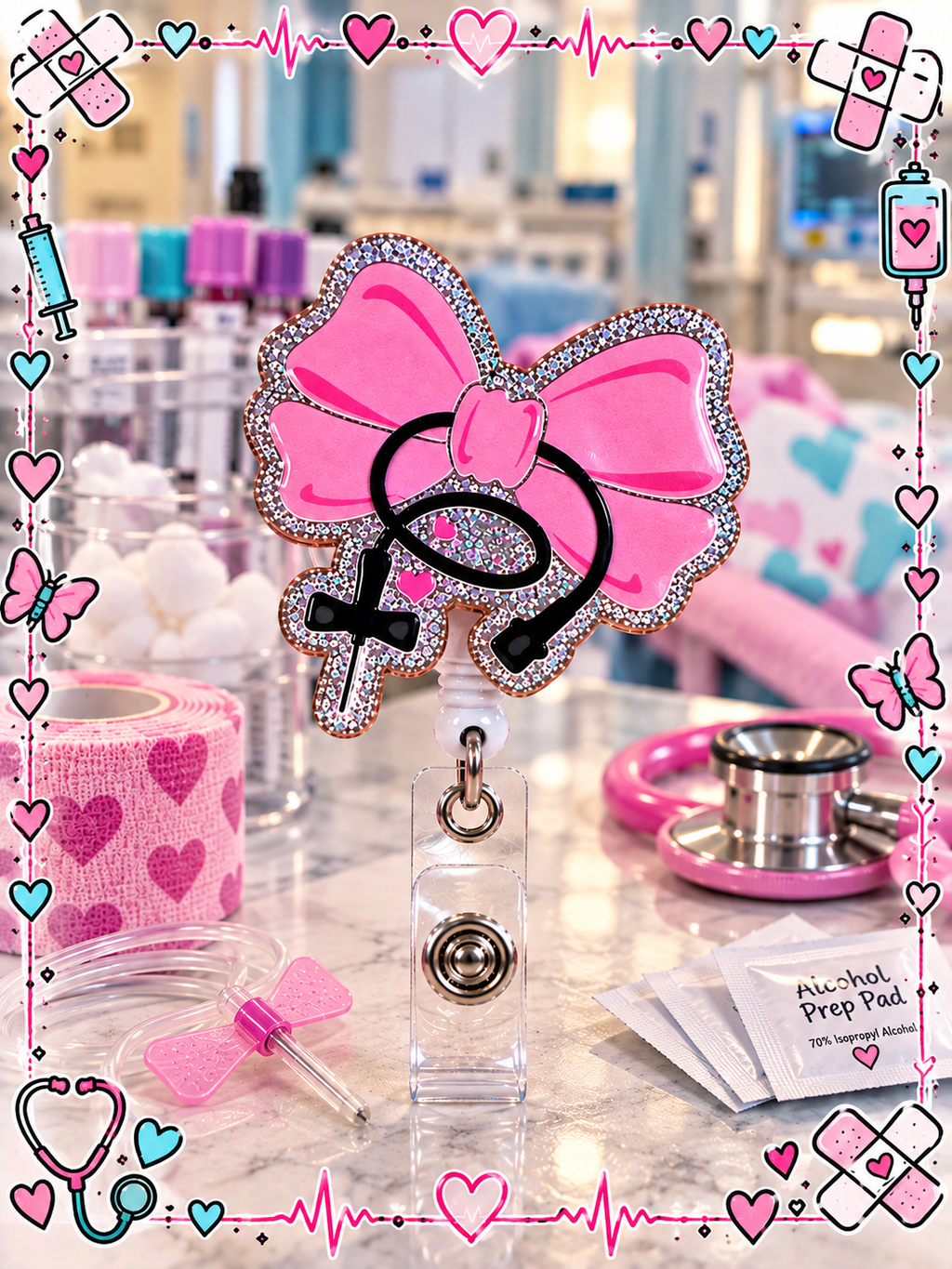 Pink medical bow badge reel with clear snap strap in a nursing-themed display