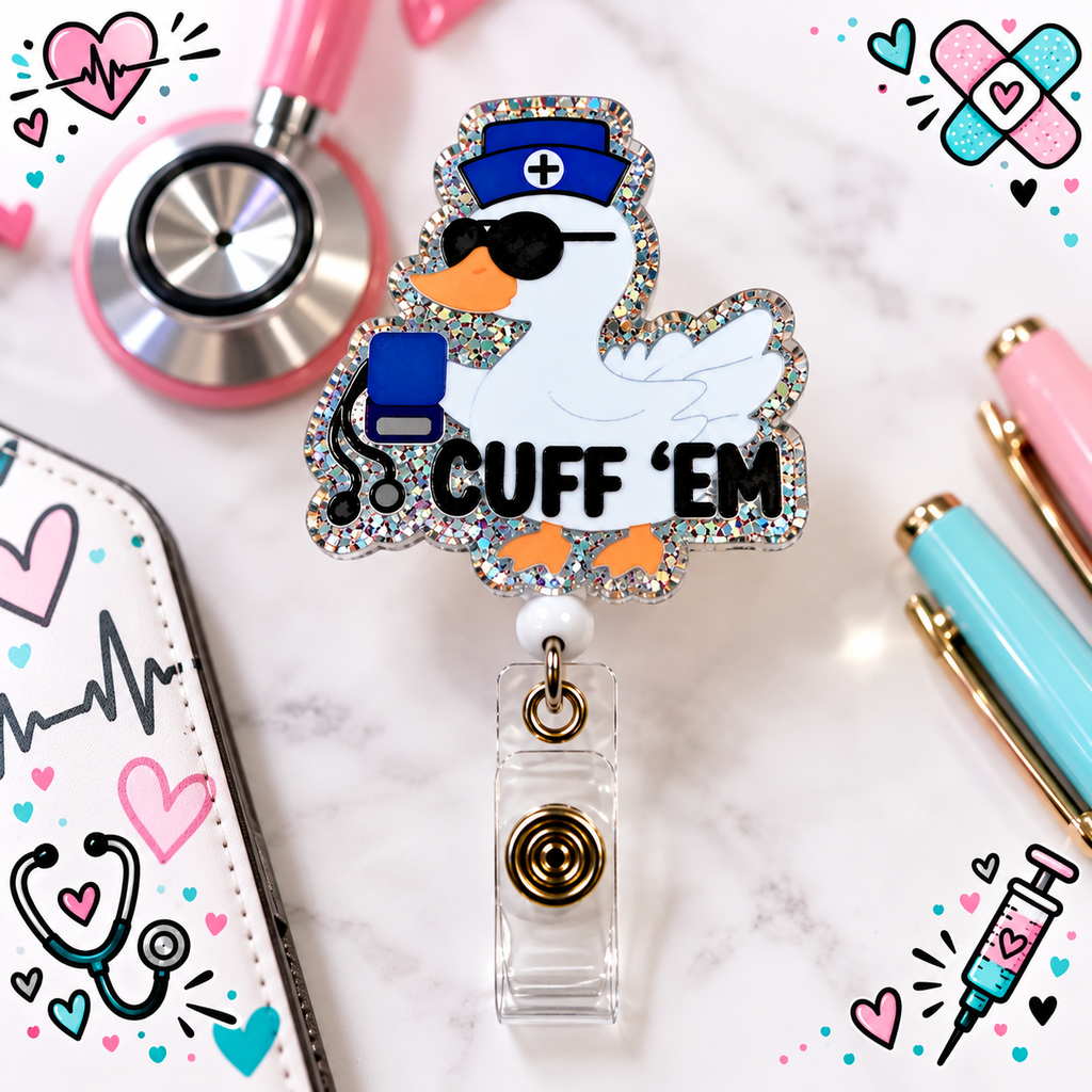 Glitter-edged Cuff 'Em duck badge reel with clear snap strap in a medical-themed flat lay