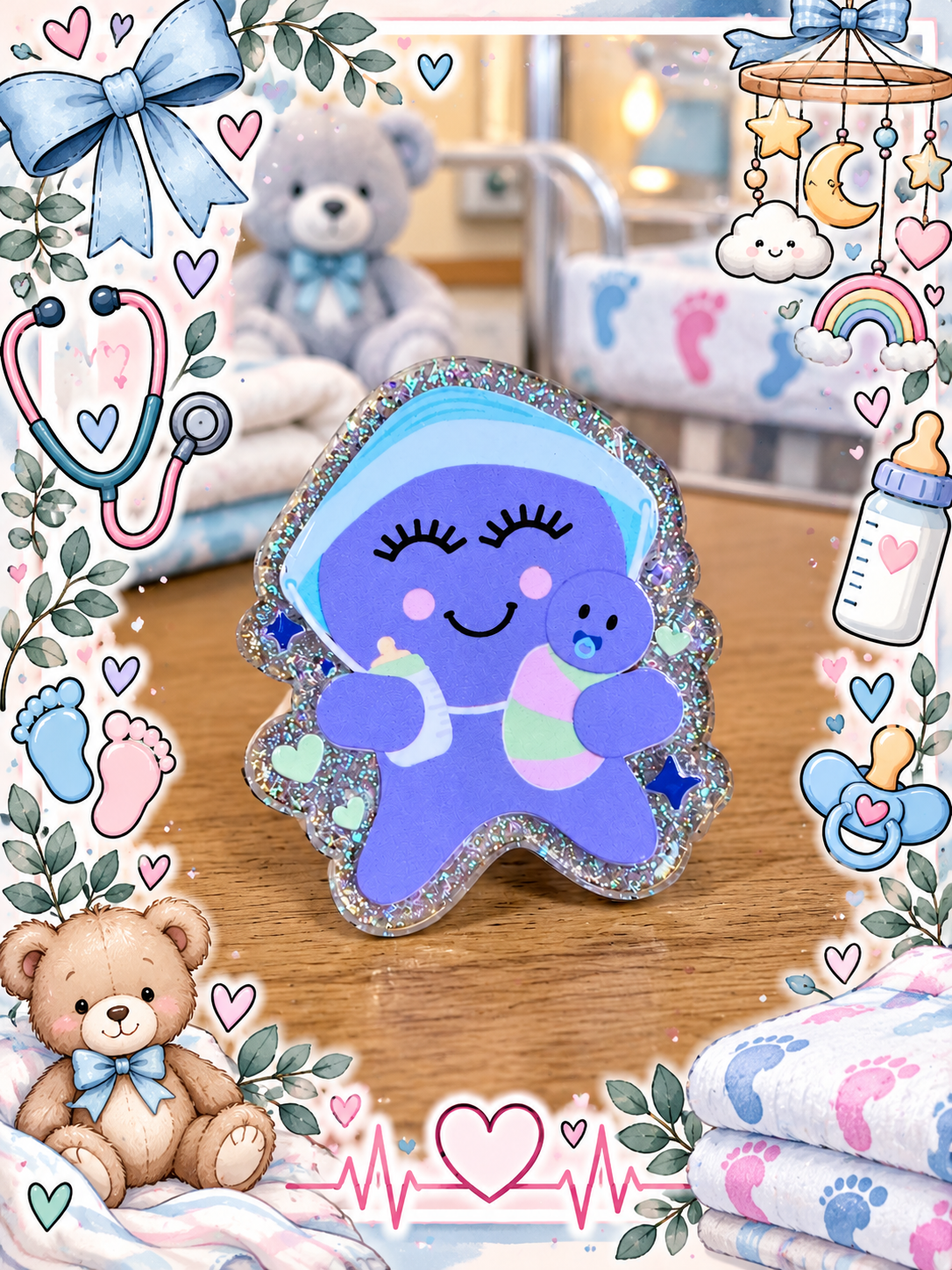 Purple nurse holding a swaddled baby and bottle in a pastel nursery display