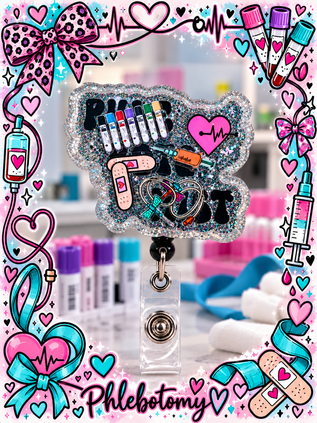 Close-up of glittery blood draw supplies badge reel with bright pink heart