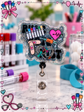 Glitter phlebotomy badge reel with blood collection tubes, bandages, syringe, and pink heartbeat heart