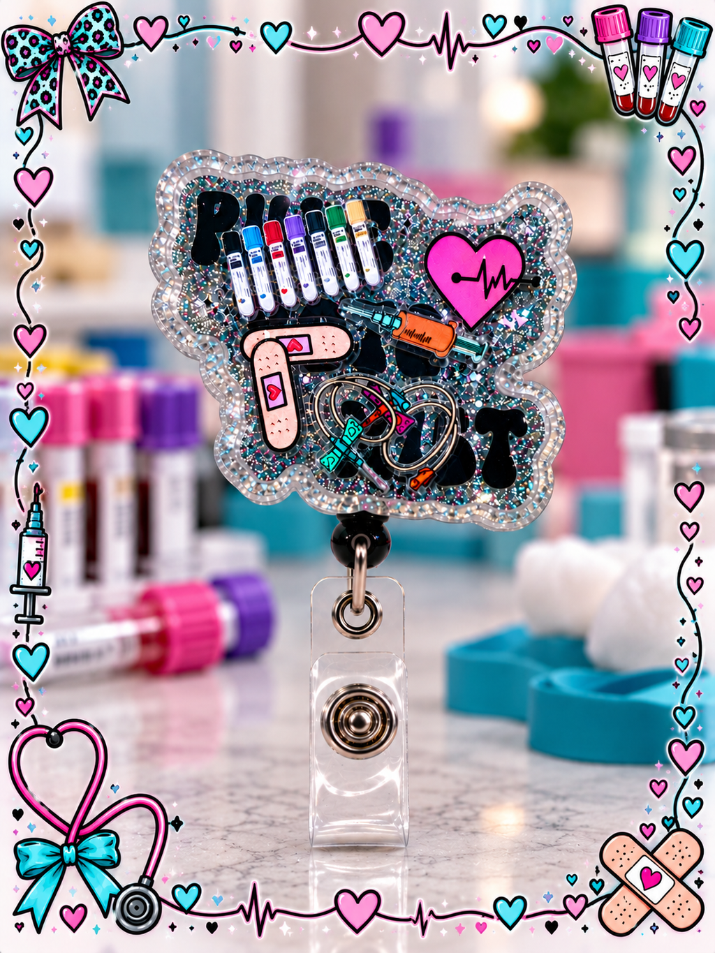 Sparkling phlebotomy badge reel with multicolored tube caps and tubing illustrations
