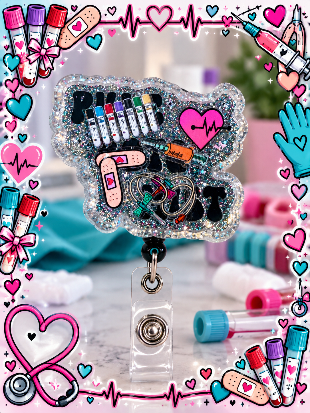 Phlebotomy medical-supply badge reel with clear snap strap in a colorful lab display