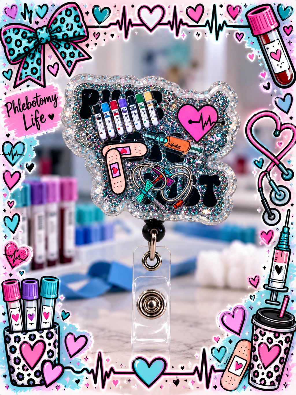 Phlebotomy badge reel displayed beside laboratory-themed accessories
