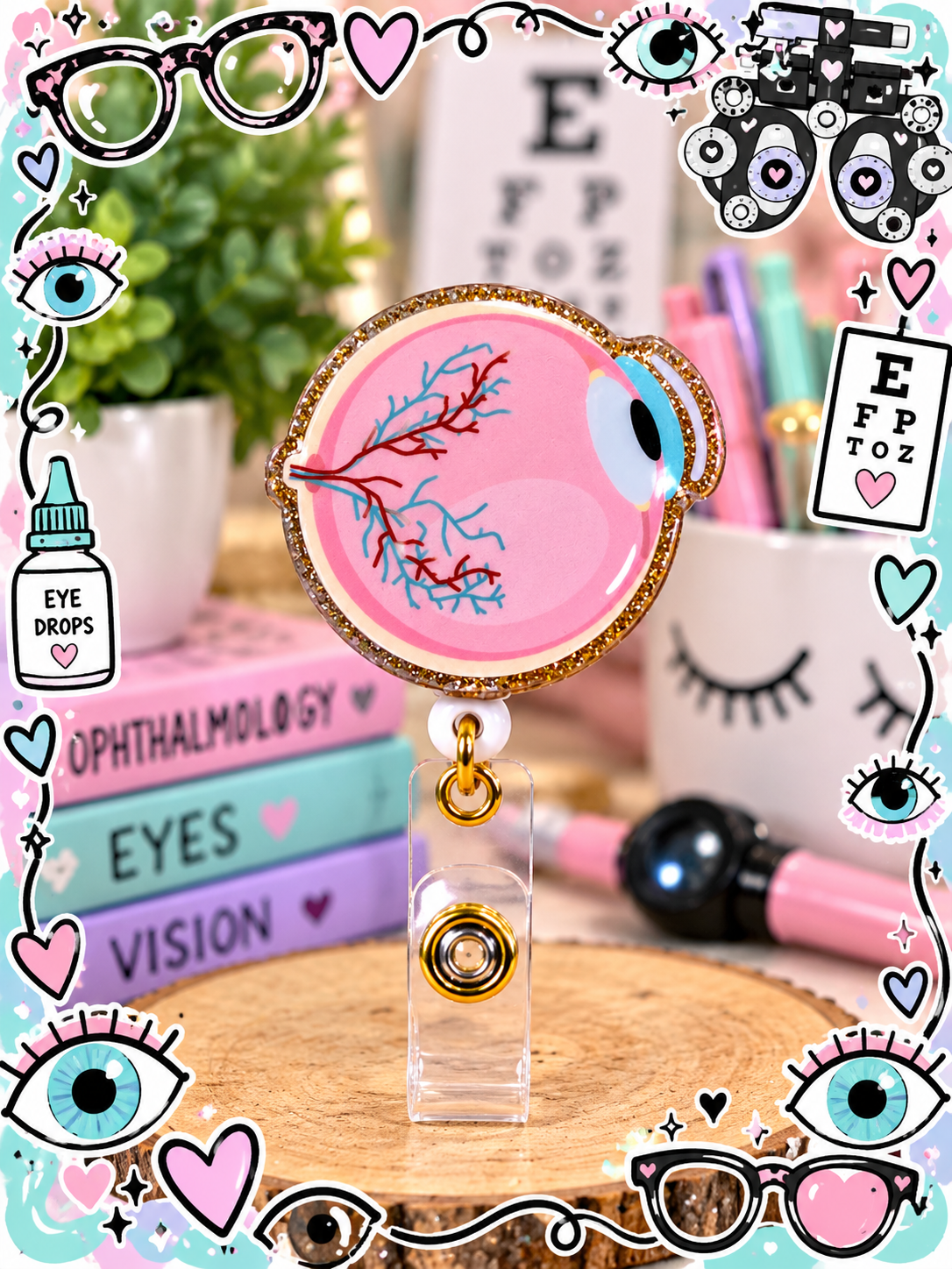 Pink eye badge reel displayed with colorful ophthalmology-themed decor