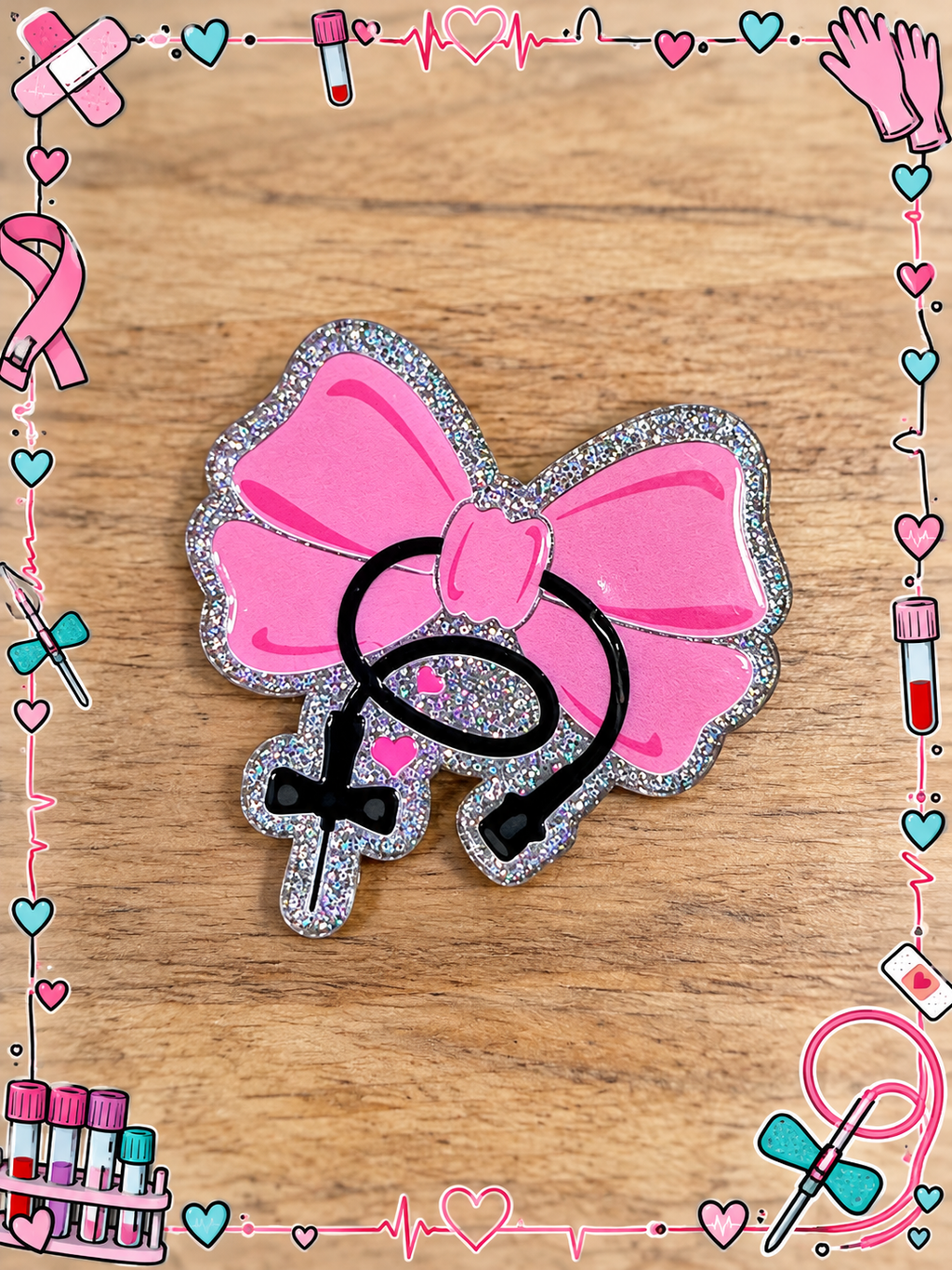 Pink bow phlebotomy badge reel with butterfly needle and tubing design and sparkling silver-toned border