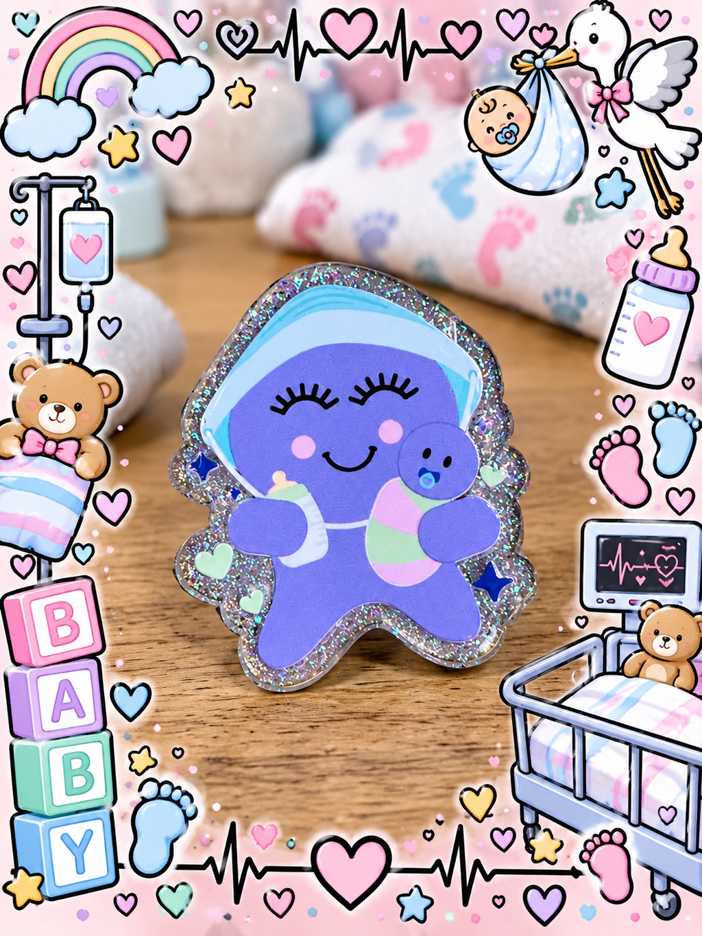 Close-up of purple NICU nurse design with blue cap and sparkling border