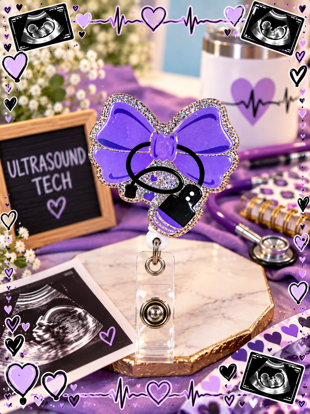 Ultrasound probe and purple bow badge reel displayed beside sonography accessories