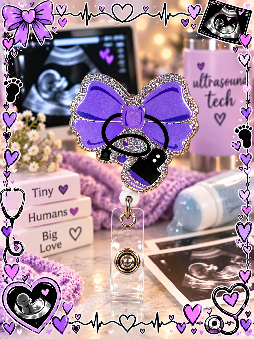 Purple bow ultrasound badge reel with black probe design and sparkling silver-toned border
