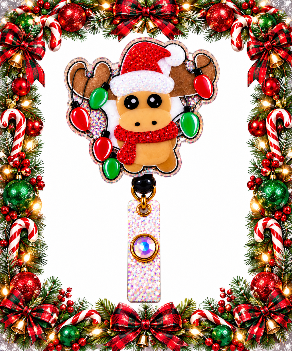 Glitter reindeer badge reel with Santa hat and holiday lights in a Christmas ornament border