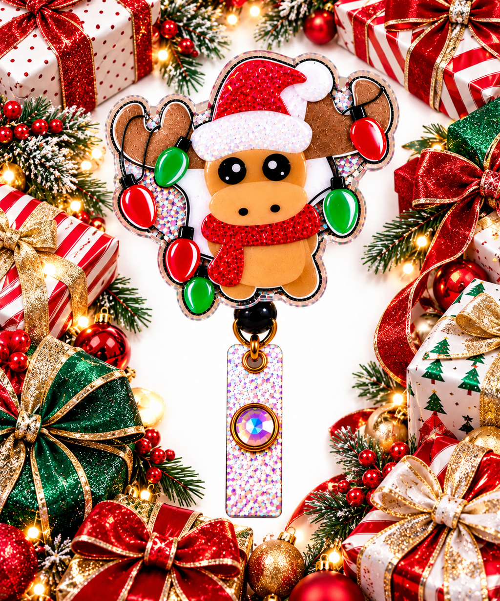 Cute reindeer badge reel framed by Christmas gifts, greenery, and bows
