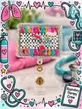 Respiratory therapist shaker badge reel with colorful lettering, checkerboard background, and glitter border