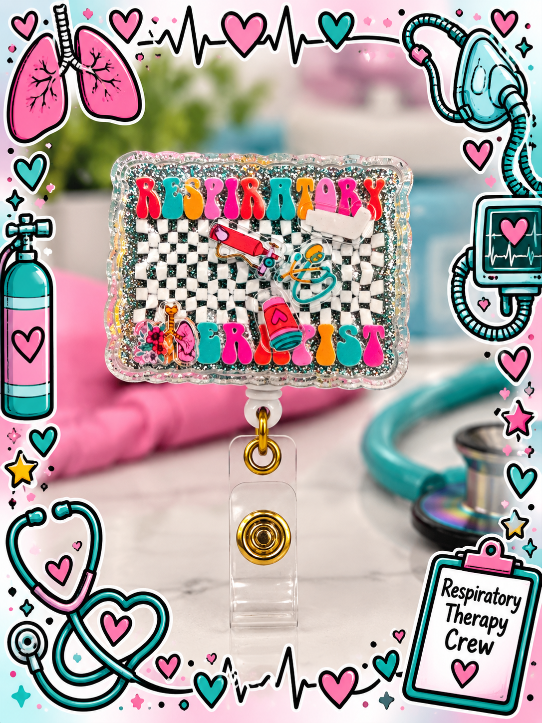 Respiratory therapist shaker badge reel with colorful lettering, checkerboard background, and glitter border