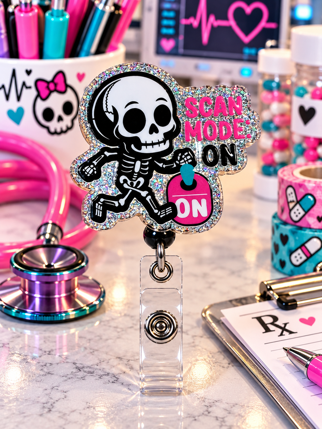 Skeleton Scan Mode On badge reel with pink switch artwork in an imaging-themed display