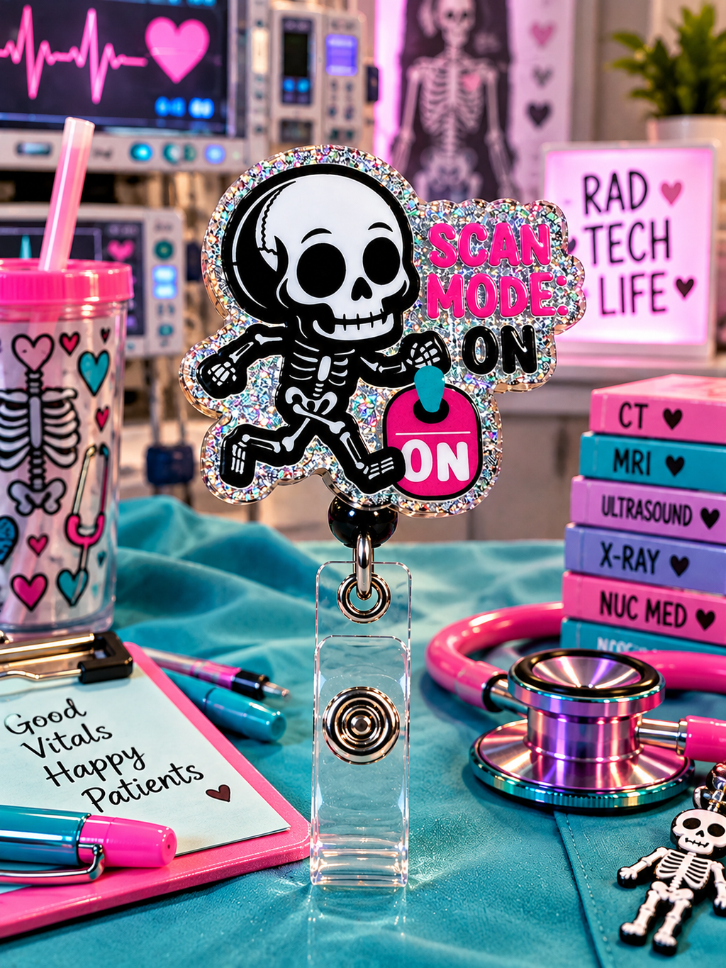 Scan Mode On skeleton badge reel with pink lettering and silver glitter in an X-ray-themed display
