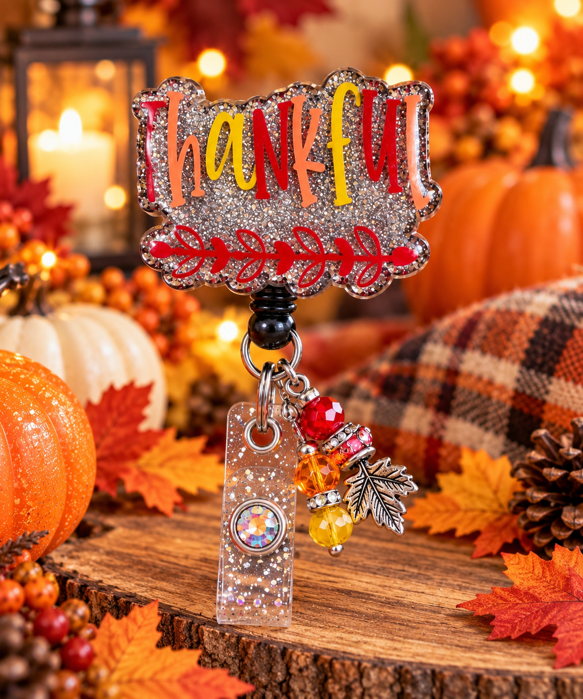 Thankful autumn badge reel framed by pumpkins leaves and sunflowers