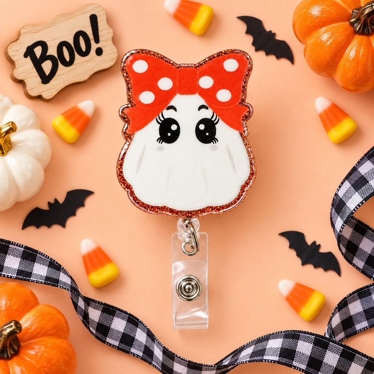 Ghost Bow Badge Reel – Glitter Acrylic Halloween
