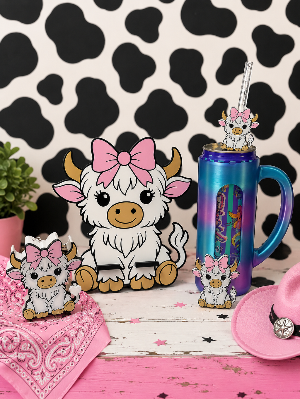 Highland Cow Set - Phone Stand, Coin Holder, Straw Topper & Can Tab Opener
