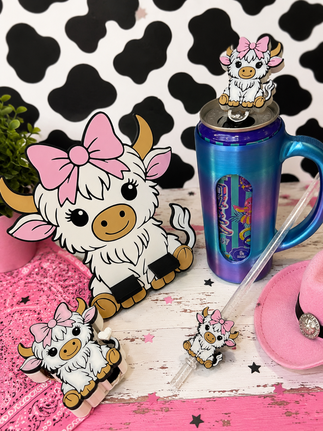 Highland Cow Set - Phone Stand, Coin Holder, Straw Topper & Can Tab Opener