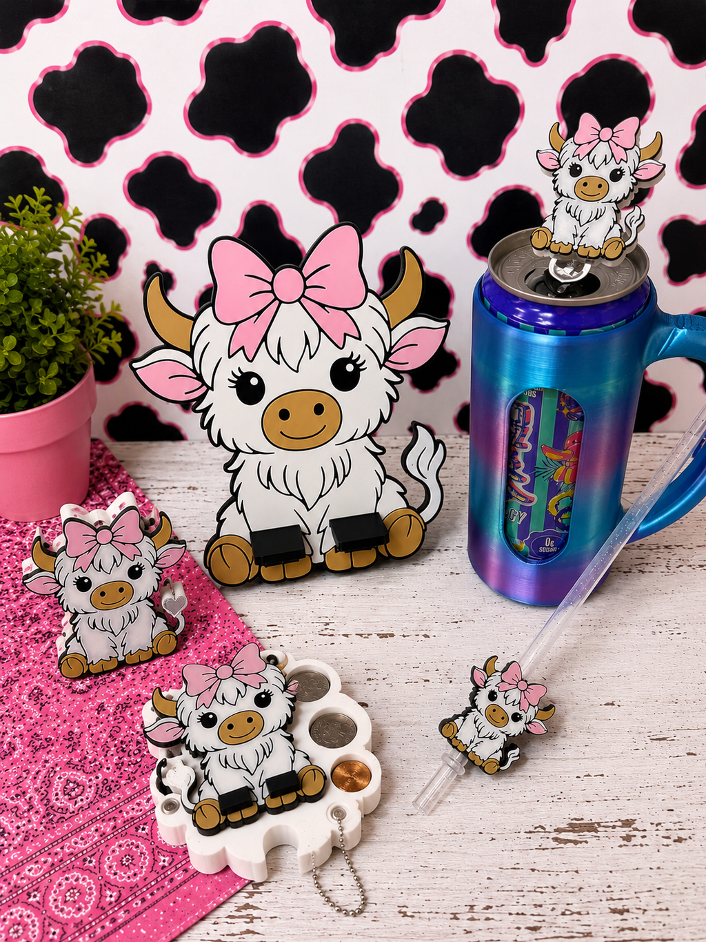 Highland Cow Set - Phone Stand, Coin Holder, Straw Topper & Can Tab Opener