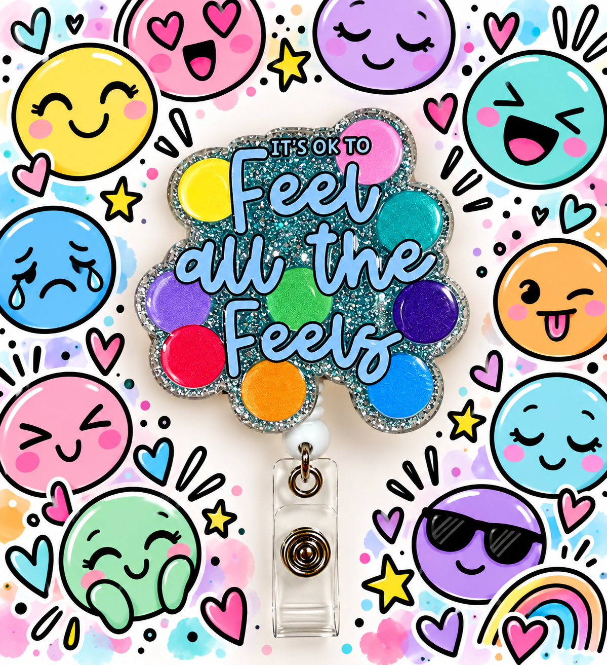 Close-up of teal glitter Feel All the Feels badge reel with bright circles and emoji background