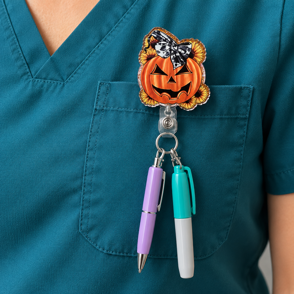 Pumpkin Sunflower & Cow-Print Bow Badge Reel