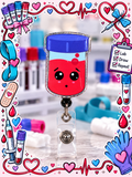 Cute red blood vial badge reel with blue-purple cap, expressive eyes, and sparkling silver-toned border