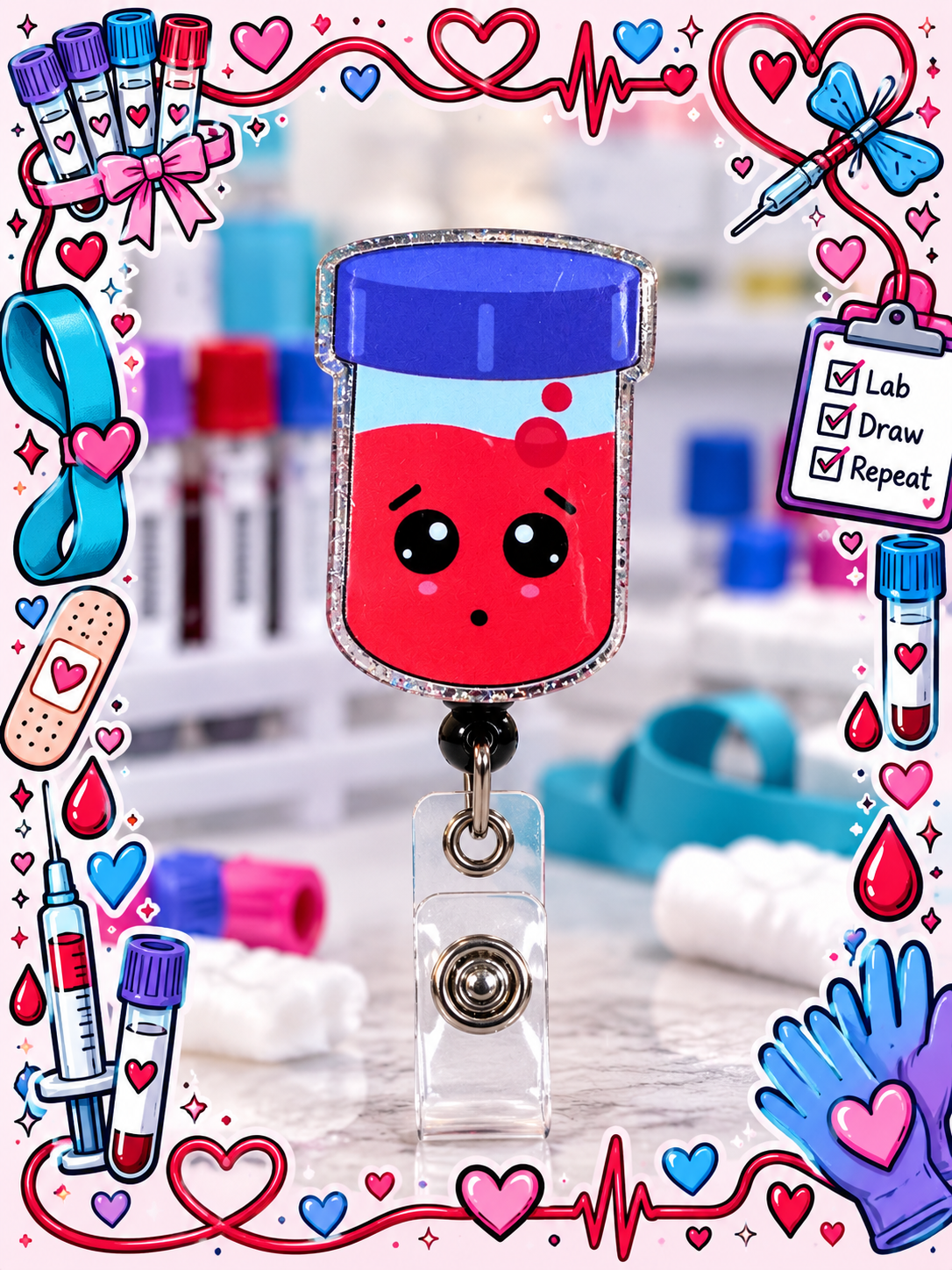 Cute red blood vial badge reel with blue-purple cap, expressive eyes, and sparkling silver-toned border